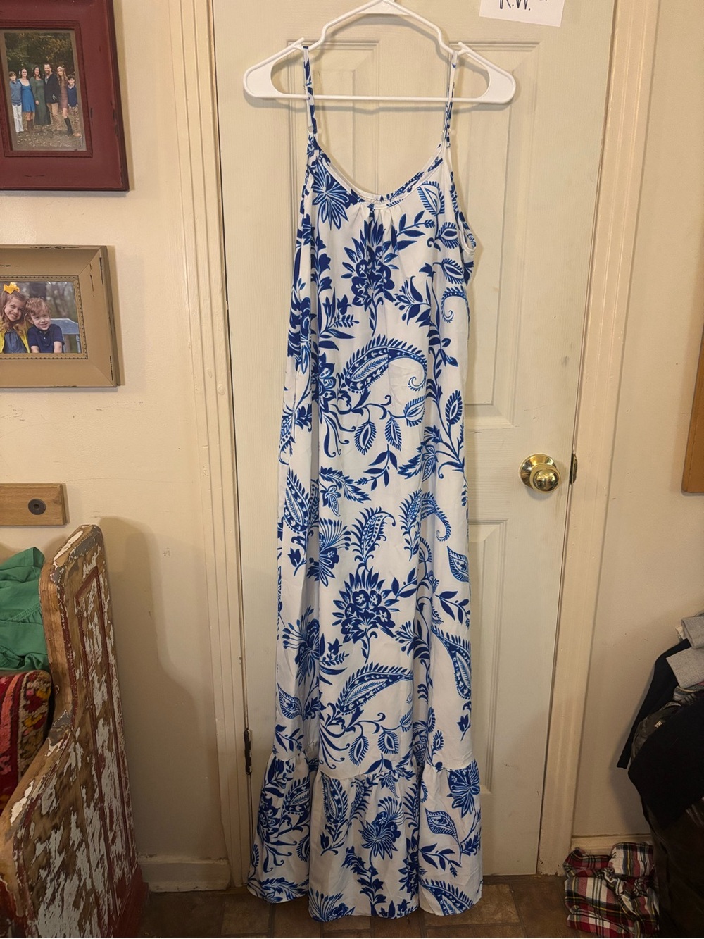 Blue White Maxi Dress with Blue Floral Pattern